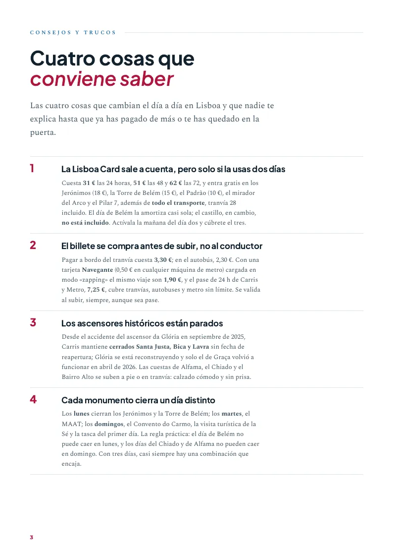 Página «Cuatro cosas que conviene saber»: transporte, entradas y trucos para no pagar de más