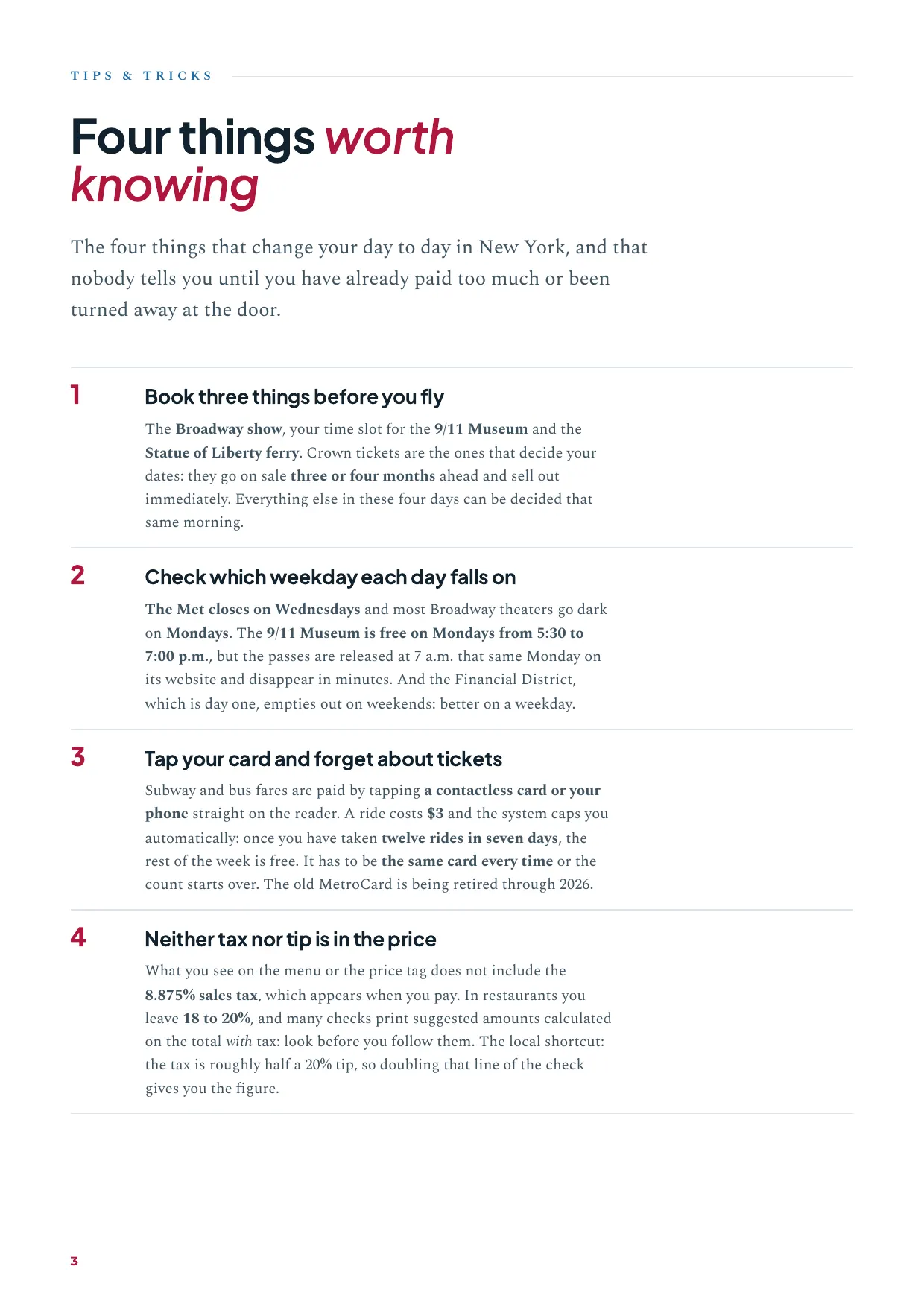 “Four things worth knowing” page: bookings, closing days, subway fares and tax