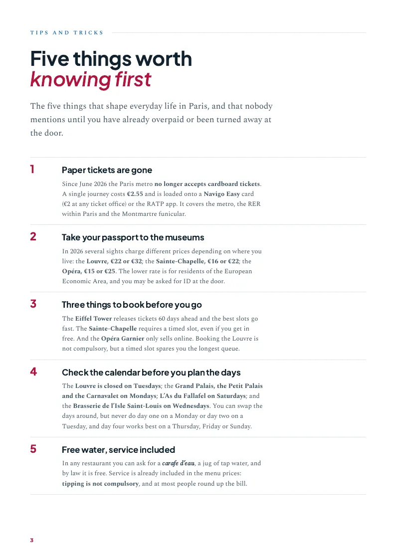“Five things worth knowing first” page: metro tickets, bookings and how not to overpay